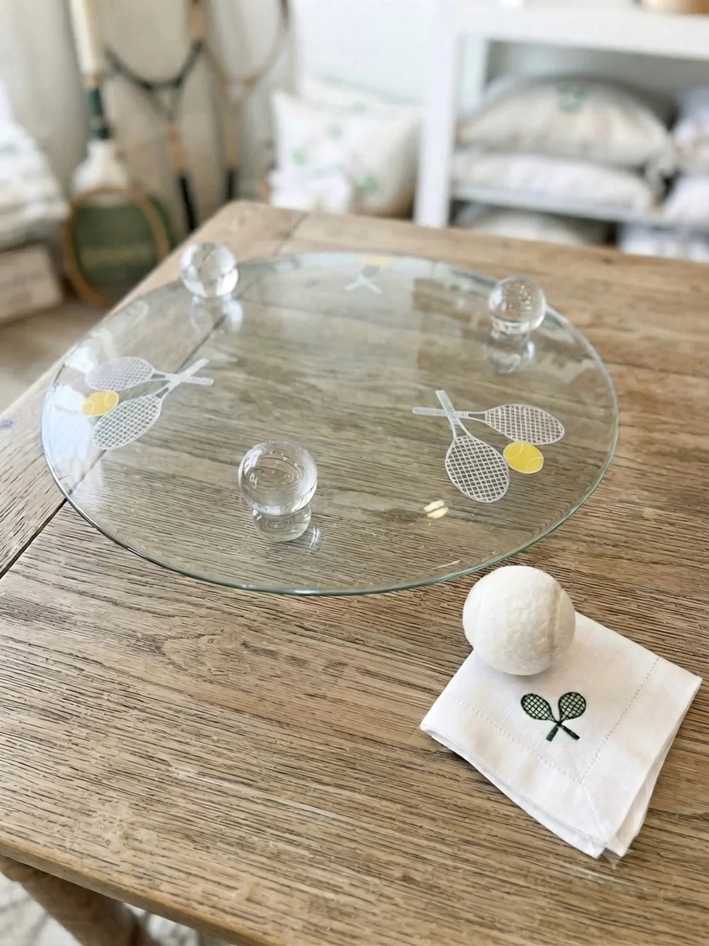 vintage clear glass serving platter featuring frosted tennis racket motifs